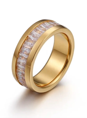 欧美时尚不锈钢镶钻戒指 钛钢戒指 街拍金色满钻女指环