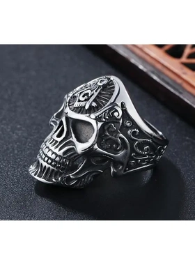 r0491-20饰品欧美复古朋克共济会鬼头骷髅男士钛钢戒指