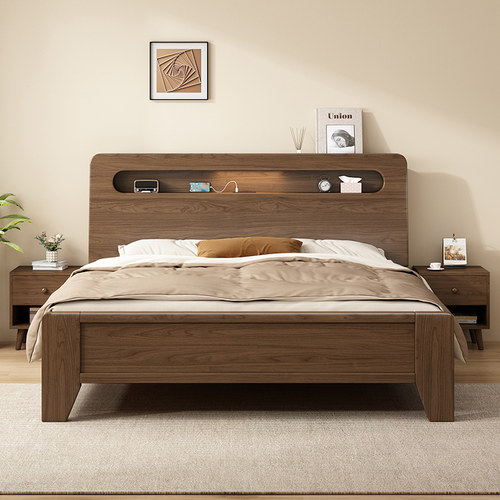 政府补贴床1米8双人床家用卧室大床1米5可置物单人床中古风实木床 - 图0