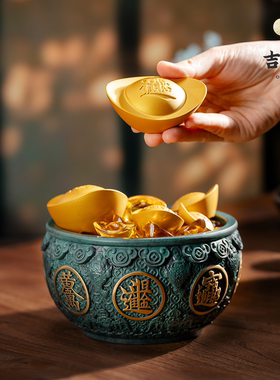 吉中吉·铜《福运聚宝盆》桌面摆件中式入户玄关客厅置物架装饰品