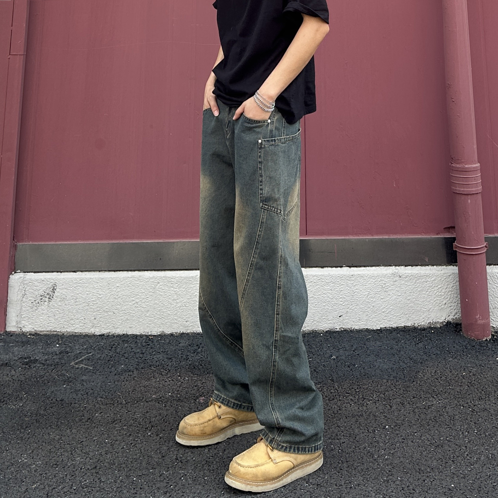 QUALCOMM潮流弯刀牛仔裤男2025秋冬新款宽松阔腿裤美式复古长裤子 - 图3