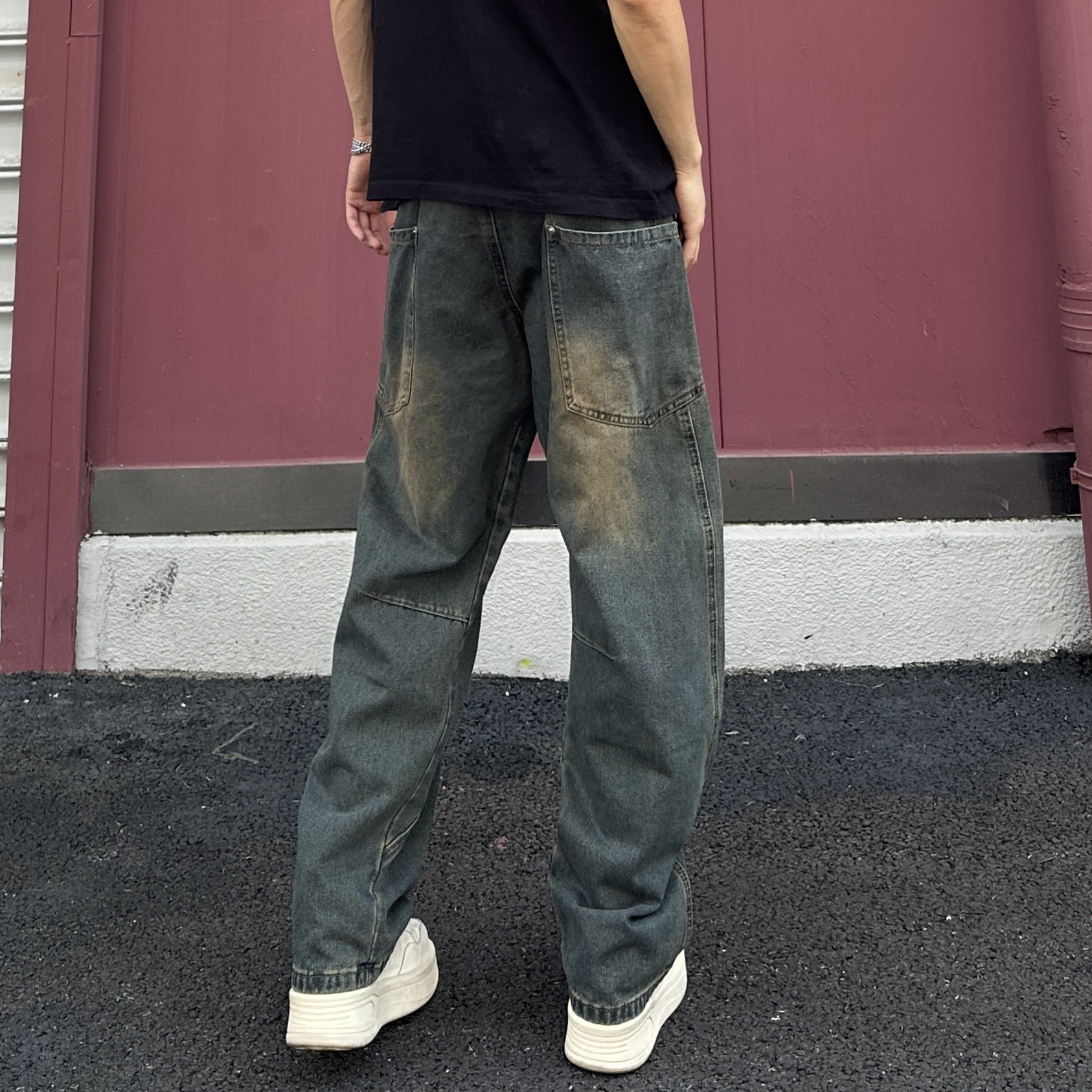 QUALCOMM潮流弯刀牛仔裤男2025秋冬新款宽松阔腿裤美式复古长裤子 - 图2