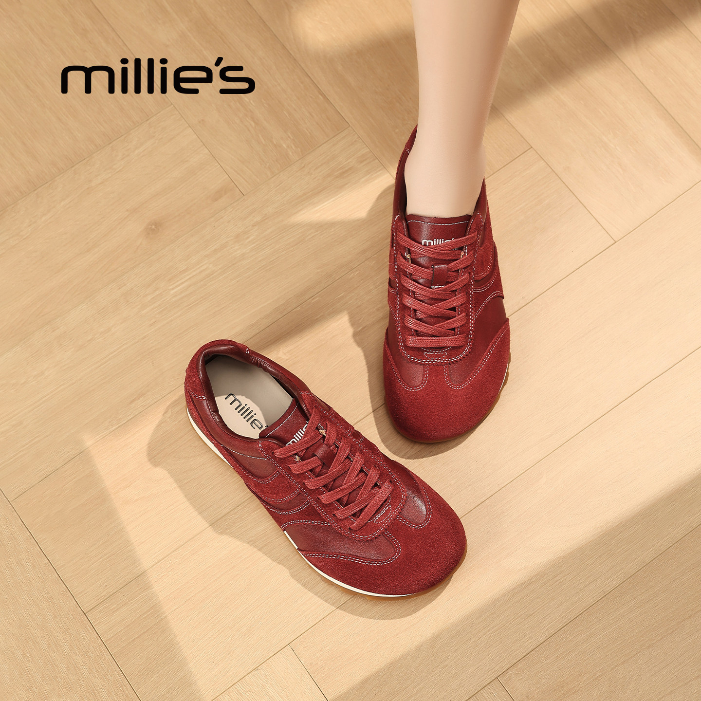 MILLIE'S/妙丽复古风红色德训鞋女平底休闲鞋时尚百搭圆头阿甘鞋,淘宝优惠券,粉丝福利购,淘宝优惠卷