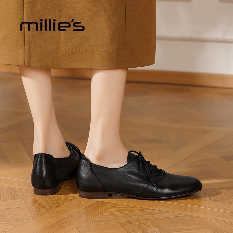 millies妙丽女鞋复古深口单鞋女2025秋季新款平底百搭黑色小皮鞋,淘宝优惠券,粉丝福利购,淘宝优惠卷