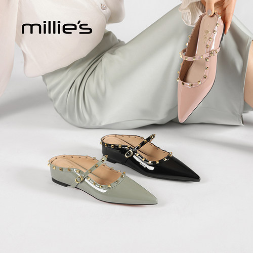 millies妙丽女鞋2026夏新款内增高包头半拖鞋外穿铆钉尖头凉拖鞋 - 图3