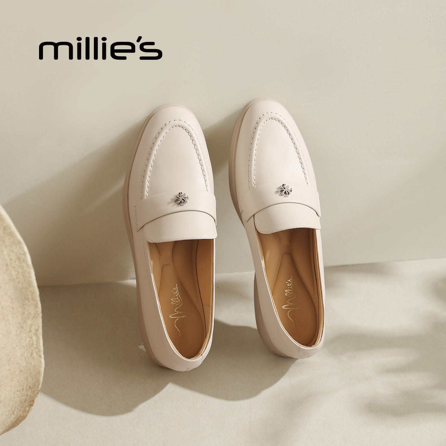 MILLIE'S/妙丽真皮乐福鞋女通勤百搭一脚蹬豆豆鞋金属扣牛皮单鞋,淘宝优惠券,粉丝福利购,淘宝优惠卷