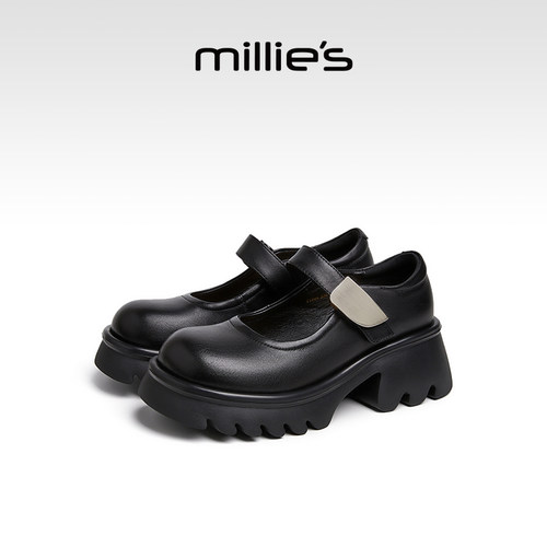 millies妙丽乐福鞋女鞋2025秋季新款时尚休闲高跟复古圆头小皮鞋 - 图0