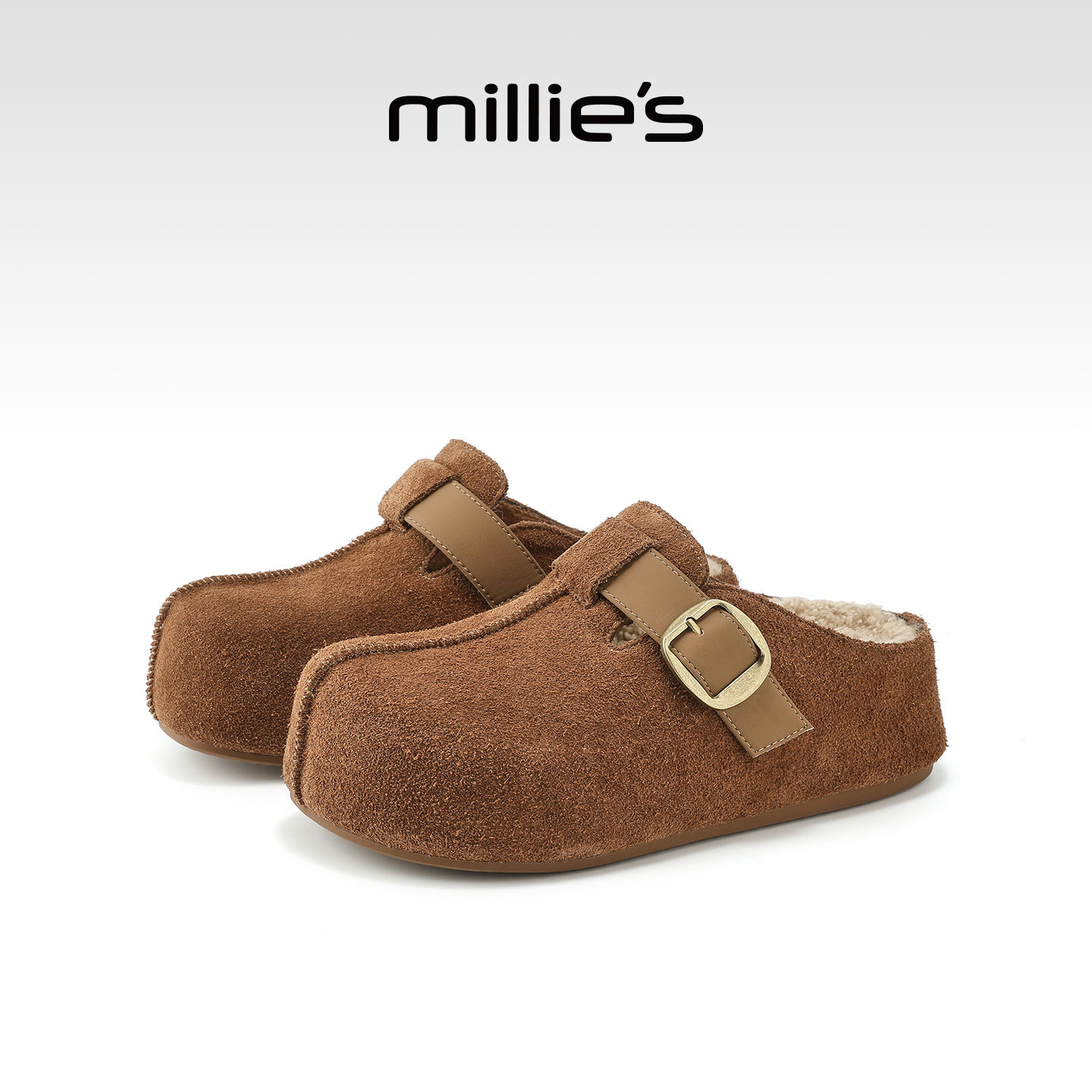millies妙丽女鞋厚底加绒勃肯半拖鞋2025年冬季新款毛毛包头拖鞋,淘宝优惠券,粉丝福利购,淘宝优惠卷