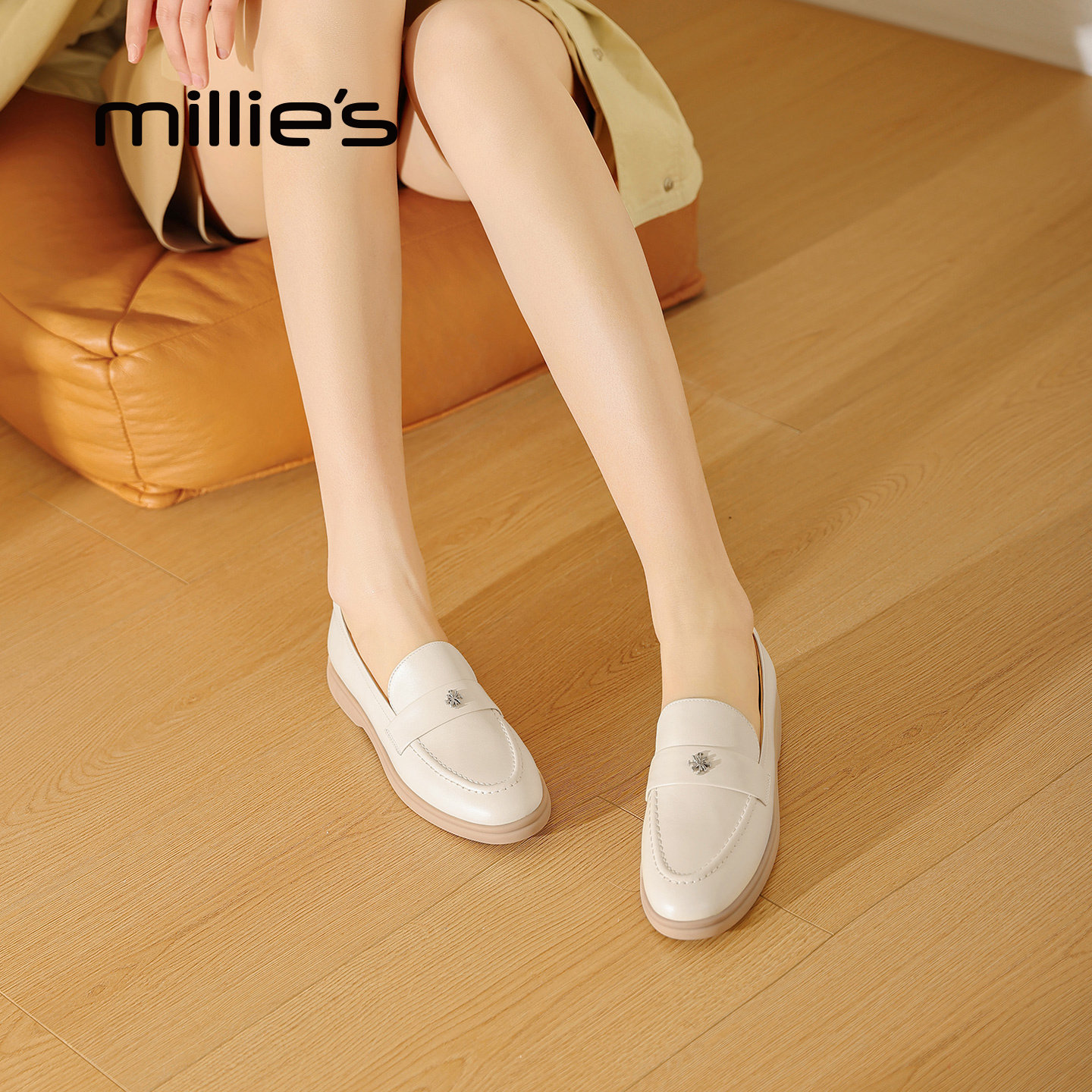 MILLIE'S/妙丽真皮乐福鞋女通勤百搭一脚蹬豆豆鞋金属扣牛皮单鞋,淘宝优惠券,粉丝福利购,淘宝优惠卷