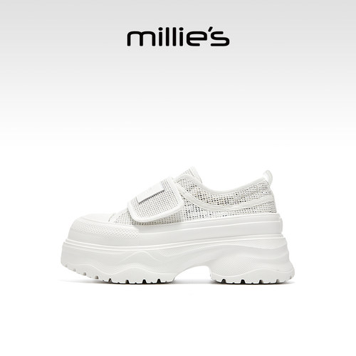 MILLIE'S/妙丽厚底小白鞋女鞋2026新款舒适透气网面鞋内增高显瘦 - 图0