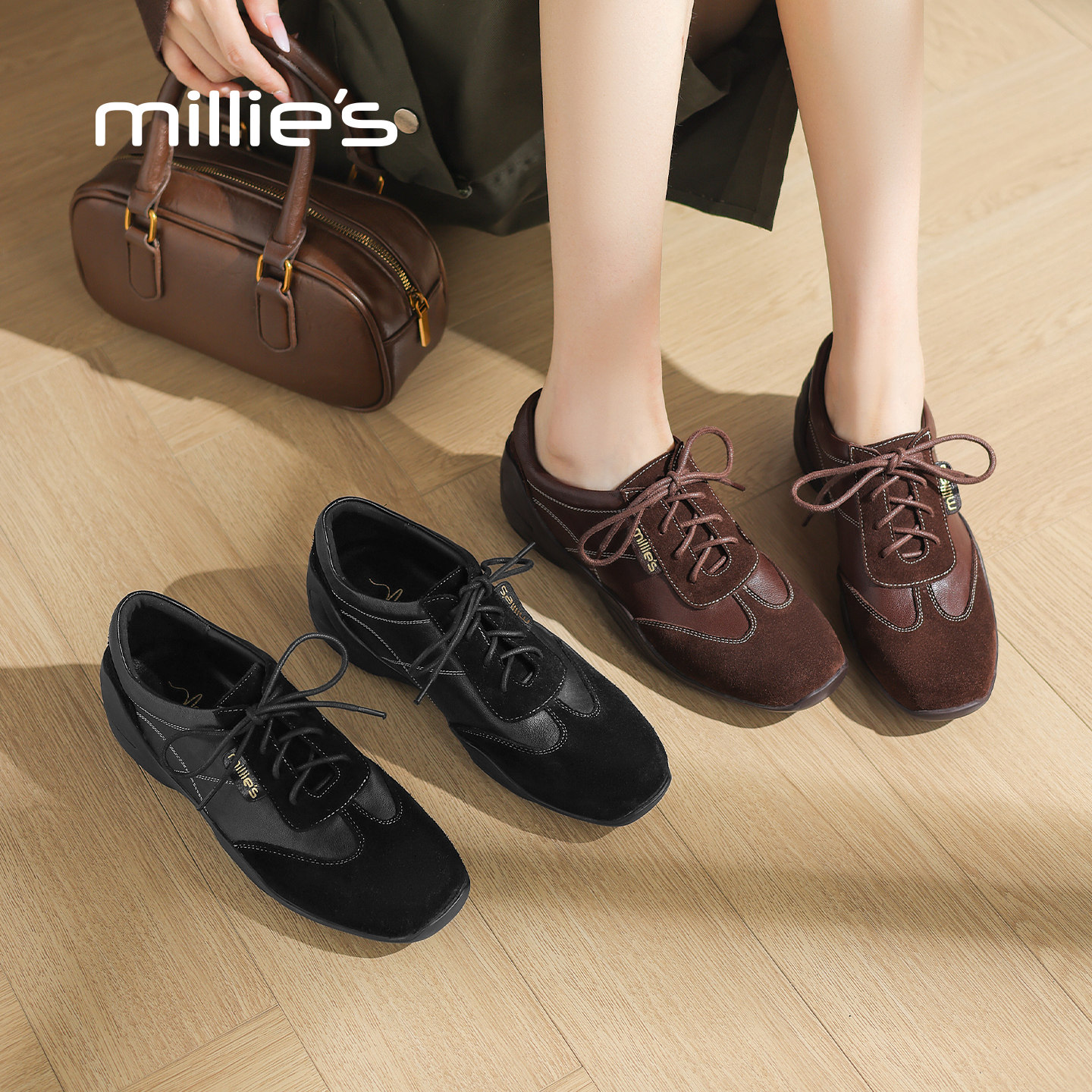 MILLIE'S/妙丽黑色软皮拼接德训鞋女款系带舒适小众设计深口单鞋,淘宝优惠券,粉丝福利购,淘宝优惠卷