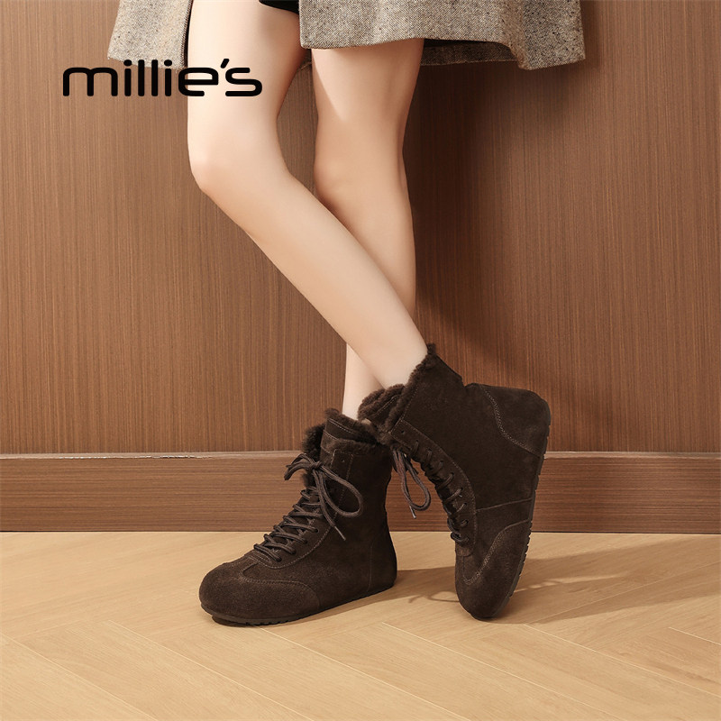 millies妙丽加绒短靴女款秋冬系带骑士靴真皮马丁靴加棉保暖棉靴,淘宝优惠券,粉丝福利购,淘宝优惠卷