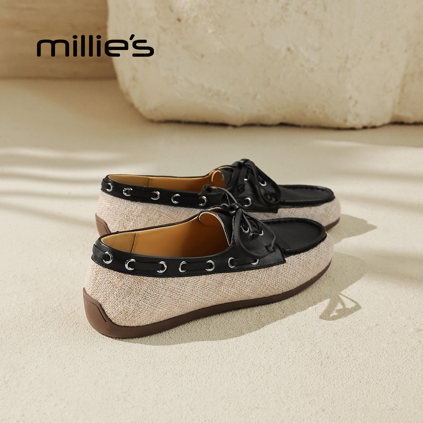 MILLIE'S/妙丽复古风真皮系带乐福鞋女款黑色厚底休闲豆豆鞋单鞋,淘宝优惠券,粉丝福利购,淘宝优惠卷