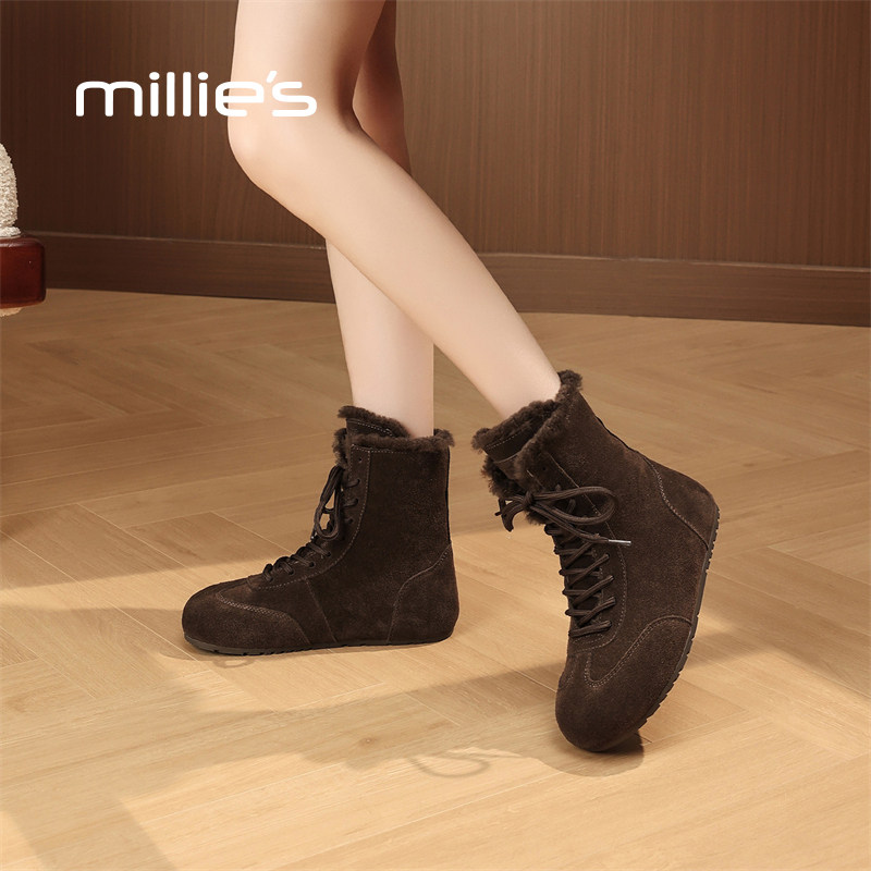 millies妙丽加绒短靴女款秋冬系带骑士靴真皮马丁靴加棉保暖棉靴,淘宝优惠券,粉丝福利购,淘宝优惠卷