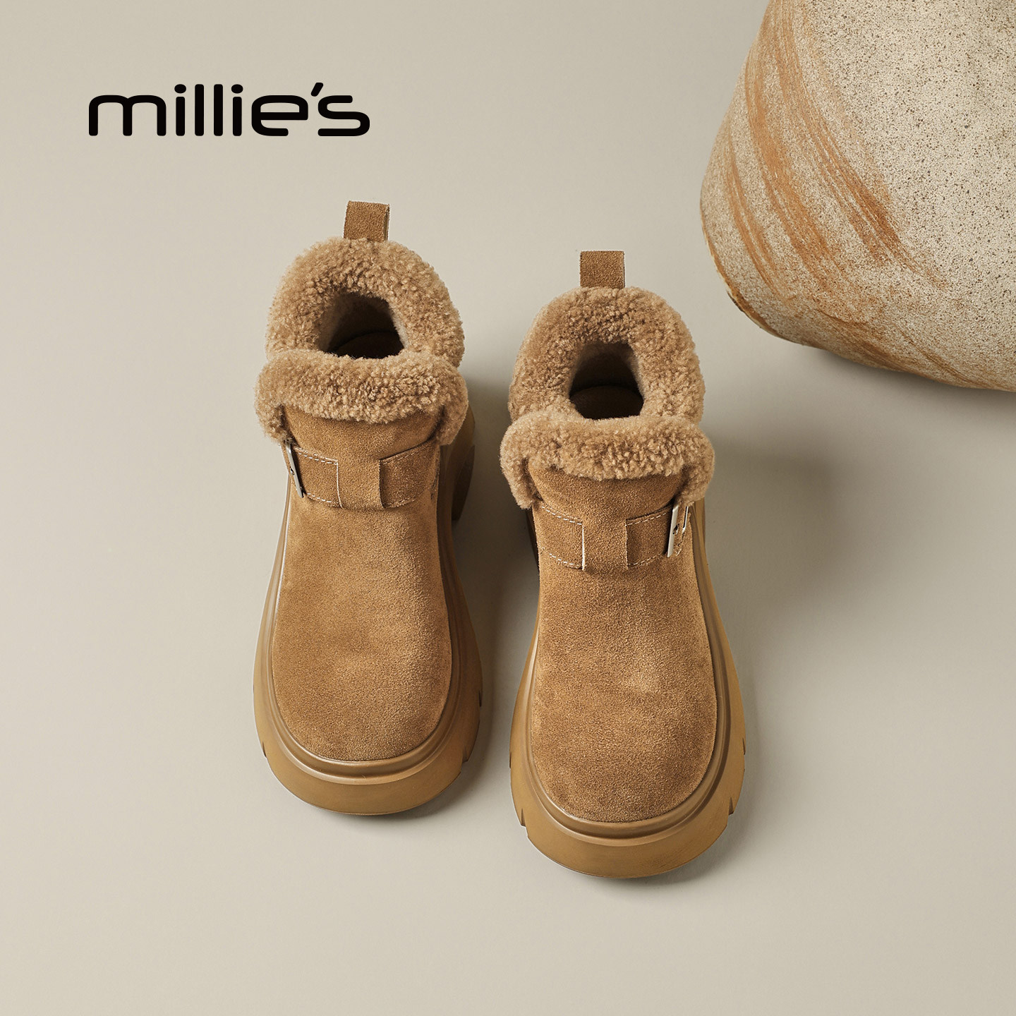 MILLIE'S/妙丽厚底雪地靴女款羊毛翻边加绒真皮大棉鞋子秋冬新款,淘宝优惠券,粉丝福利购,淘宝优惠卷