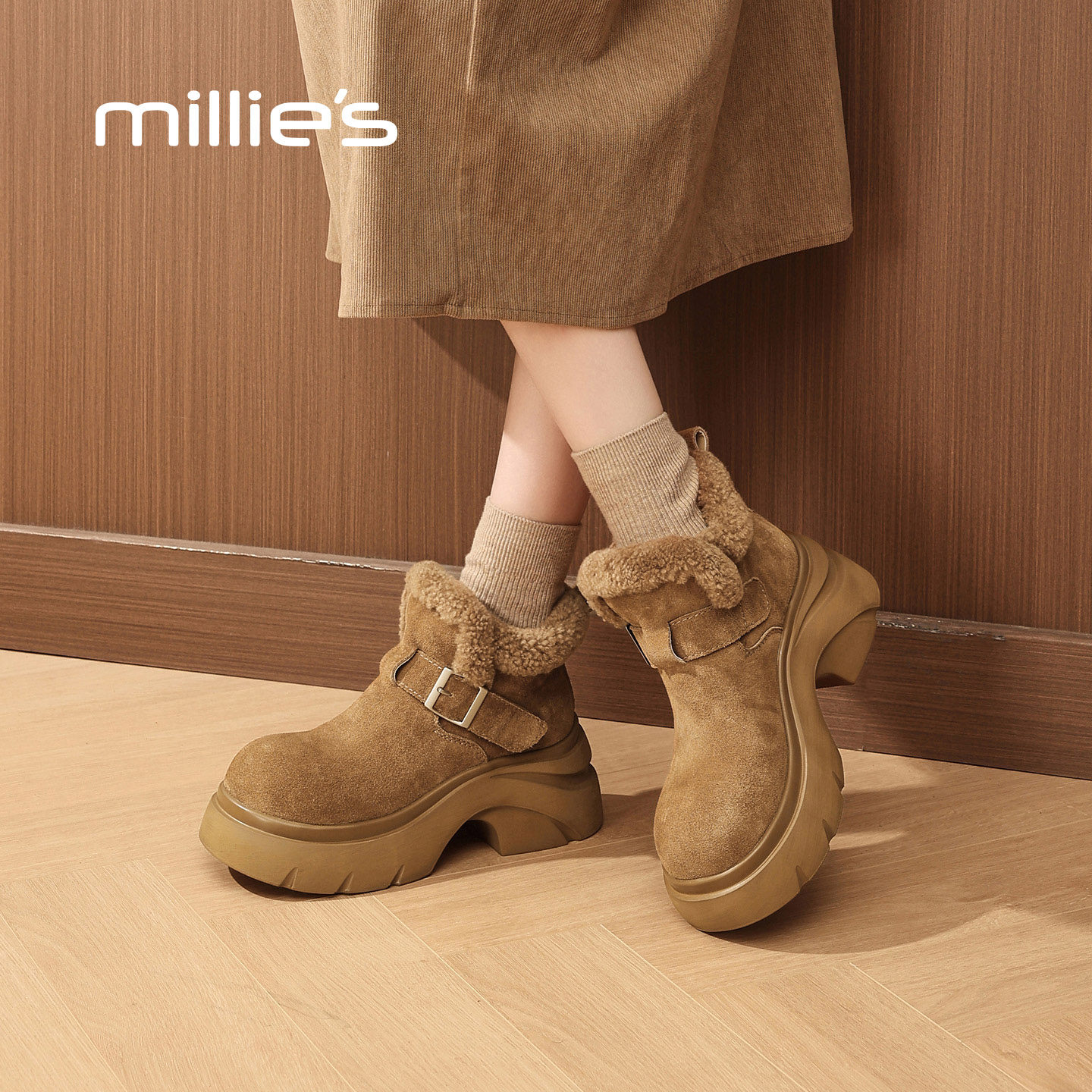 MILLIE'S/妙丽厚底雪地靴女款羊毛翻边加绒真皮大棉鞋子秋冬新款,淘宝优惠券,粉丝福利购,淘宝优惠卷