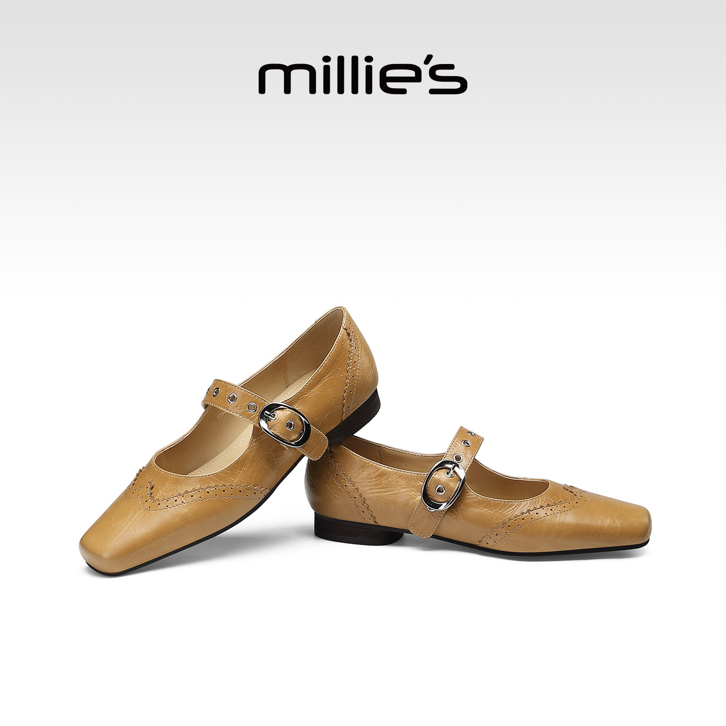 MILLIE'S/妙丽真皮玛丽珍鞋女焦糖色平底一字带优雅复古浅口单鞋,淘宝优惠券,粉丝福利购,淘宝优惠卷