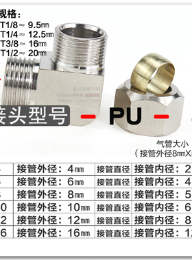 终端卡套接头铜管接头PL6mm-01/8-02/10-03/12-04分油管直角弯头