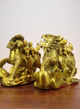 杨铜记黄铜送子麒麟摆件铜金童玉女双人送子麒麟