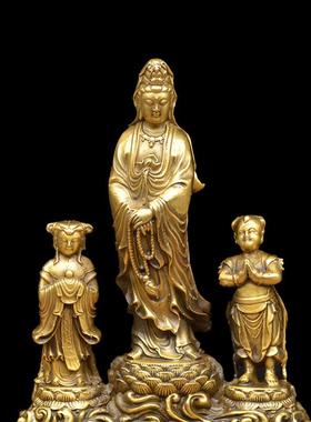 宏达 黄铜观音佛像 观音送子 金童玉女 吉祥铜器摆件