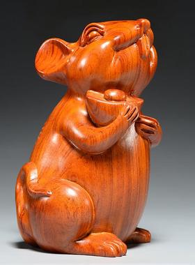 木头老鼠摆件花梨实木质雕刻十二生肖木制鼠吉祥物装饰红木工艺品