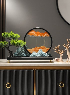 迎客松山水流沙画摆件新中式禅意玄关办公室工艺品茶室沙漏装饰品