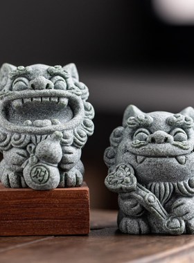 国潮风可爱石狮子福禄一对招财茶宠摆件创意鱼缸造景盆栽客厅装饰