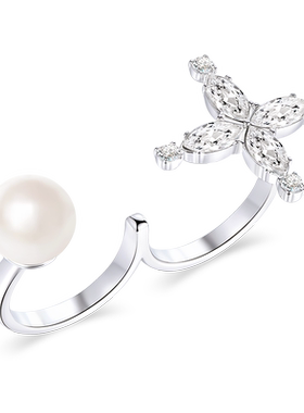 JOOMiLiM茱蜜波姆十字星宝石奥莎水晶仿珍珠开口双指戒女时尚高级