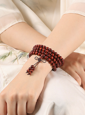 小叶紫檀手串女108颗念珠佛珠戴脖子男血檀木质多圈手錬文玩盘珠