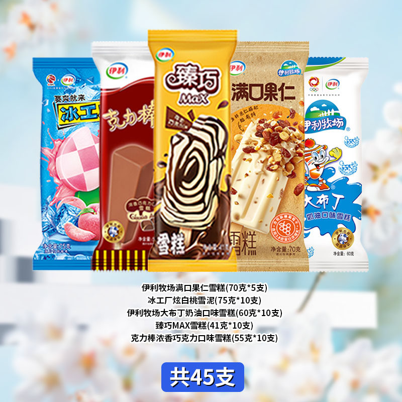 【45支】伊利冰工厂满口果仁大布丁臻巧克力棒白桃雪泥雪糕组合装