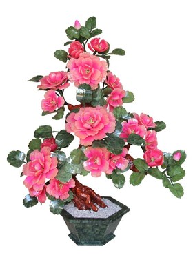 玉石雕刻牡丹花招财树客厅玄关装饰品办公室家居创意茶几花架摆件