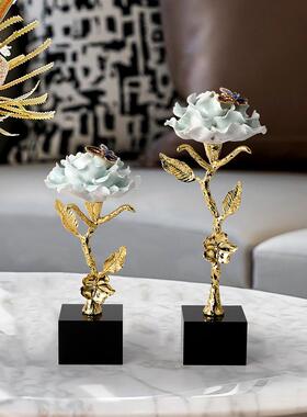 新中式轻奢高档金属花朵摆件客厅电视柜办公室装饰品创意乔迁礼物