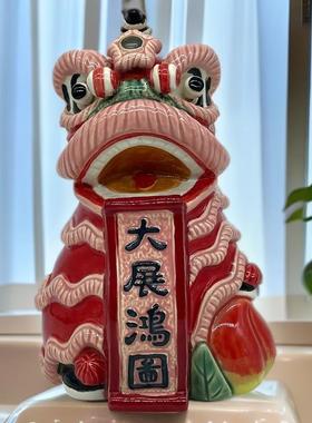 美陶《狮舞升平》石湾公仔 电视柜陶瓷雌雄狮子摆件开业乔迁礼品