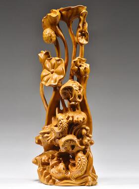 香樟木年年有鱼根雕摆件荷花雕刻家居装饰工艺开业乔迁送礼工艺品