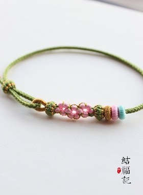 结福记桃花手工编织红绳手链女学生韩版简约个性森系小众设计手绳