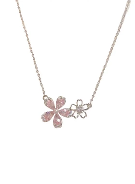 法式时尚轻奢锆石双花项链女小众花朵网红高级感森系锁骨链饰品铜