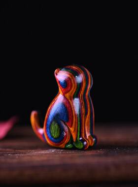 彩虹木雕刻望月猫手把件绿檀紫檀可爱小猫迷你桌面家居创意工艺品