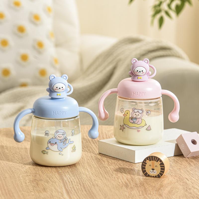 儿童牛奶杯可爱喝奶瓶带刻度直饮吸管水杯宝宝防摔2025新款学饮杯 - 图0