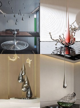 现代不锈钢水滴雕塑定制售楼处酒店大堂抽象金属镜面水珠装饰摆件