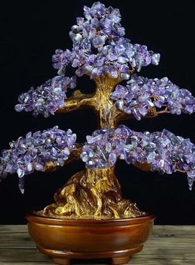 天然黄水晶发财树摇钱树摆件手工编织招财乔迁新居客厅送礼装饰品