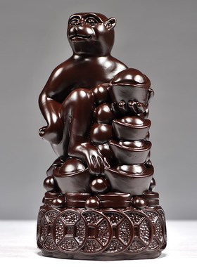 黑檀木雕刻猴子摆件生肖猴实木质灵猴献桃办公装饰送礼红木工艺品