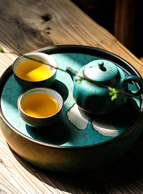 杏叶陶瓷茶盘家用圆形干泡台小型创意复古日式简约储水茶托盘