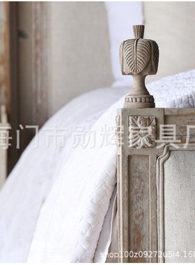 美式实木双人床地中海风格实木床婚床复古做旧实木双人床雕花布艺