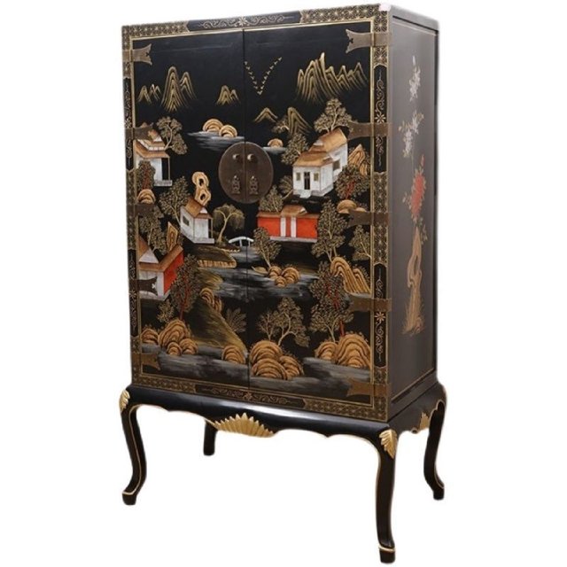 Chinese antique antique vintage solid wood painted gold wardrobe bedroom storage high cabinet household wardrobe small apartment