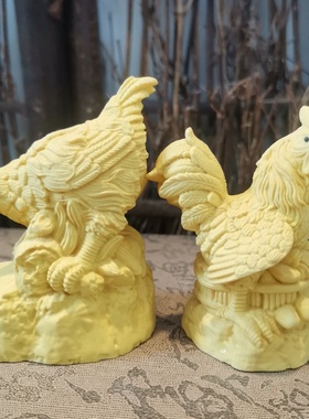 黄杨木雕公鸡母鸡一对摆件创意文玩生肖鸡家居装饰品桌面工艺品