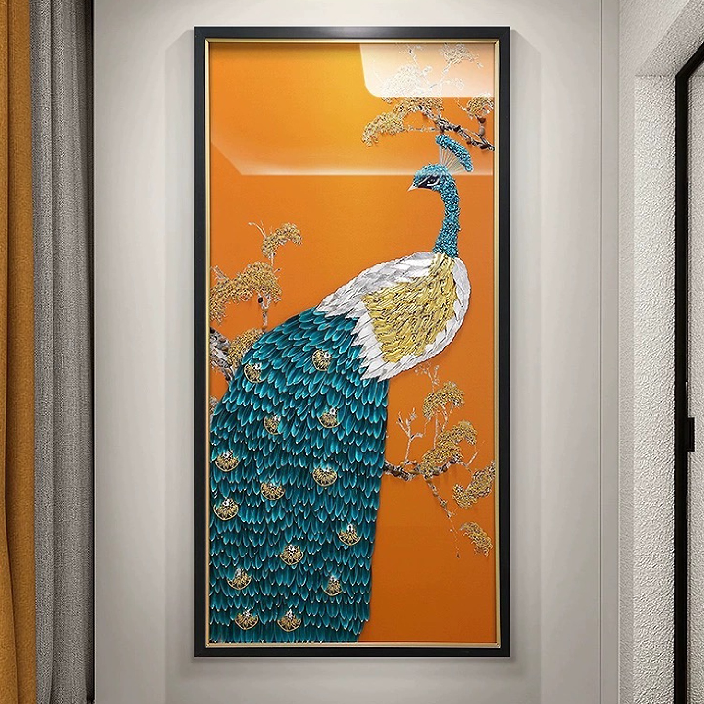 新中式入户玄关画走廊过道尽头壁画3d实物立体装饰画孔雀羽毛挂画 - 图3