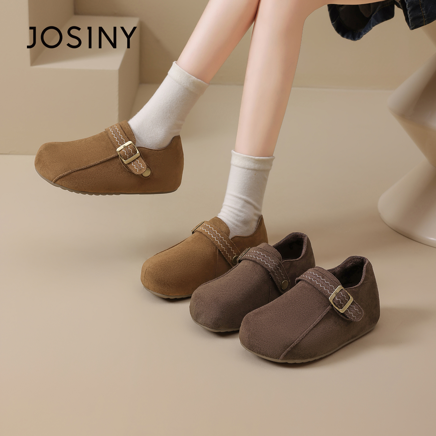 卓诗尼复古休闲皮带扣舒适保暖勃肯鞋2025年冬季新款女鞋加绒棉鞋 - 图1