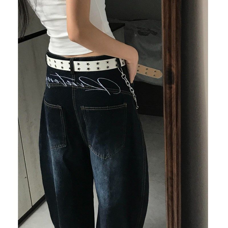 美式大码设计字母刺绣弯刀牛仔七分裤女夏季2025新款宽松直筒中裤,淘宝优惠券,粉丝福利购,淘宝优惠卷