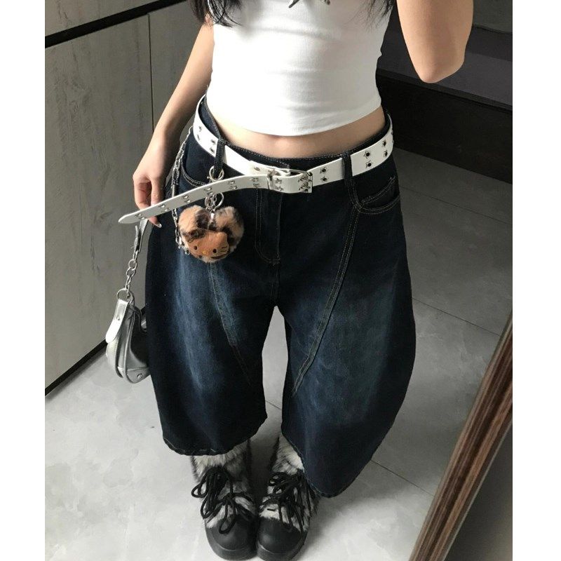 美式大码设计字母刺绣弯刀牛仔七分裤女夏季2025新款宽松直筒中裤,淘宝优惠券,粉丝福利购,淘宝优惠卷