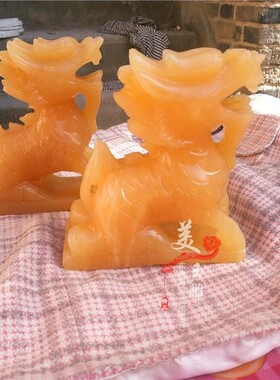 包邮天然黄色玉石麒麟摆件四大神兽开业乔迁礼品客厅玄关办公装饰